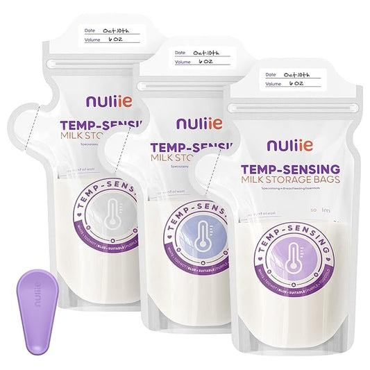 Nuliie 140pcs Temp-Sensing Breastmilk Storage Bag, Huge Temp-Sensing Icon & Locking Clamp, 6oz Breast Milk Storage Bags Freezer Pour Spout, Self Standing Milk Storage Bags Breastmilk, BPA-Free No-Leak