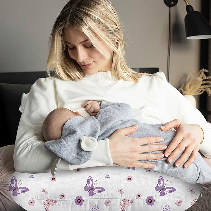 Little Grape Land Muslin Nursing Pillow Covers 2 Pack, 100% Cotton Removable Breastfeeding Pillow Covers, Feeding Pillow Slipcovers for Baby Boys & Girls, (Purple Butterfly & Purple)