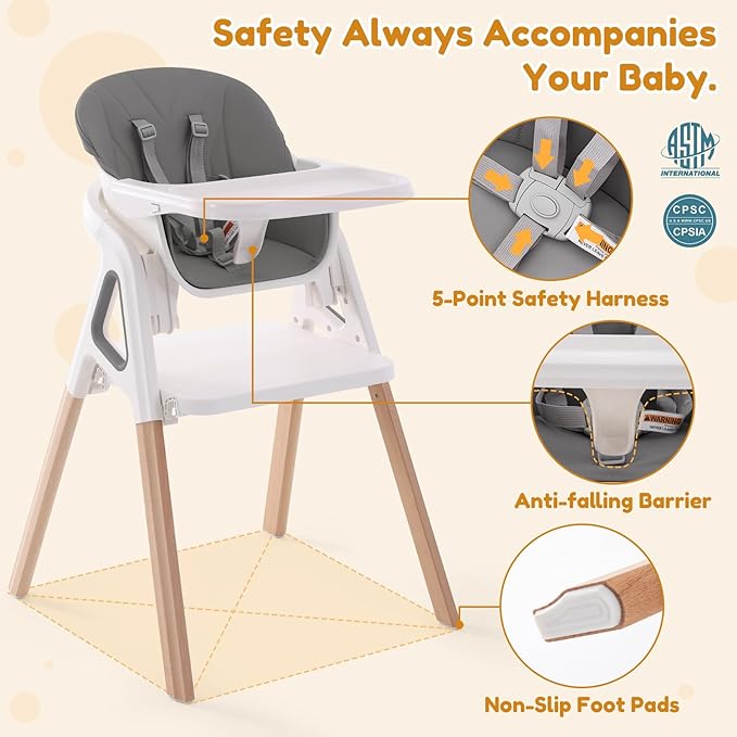 Baby High Chair, 4 in 1 Wooden Convertible High Chair for Babies and Toddlers with Erase Board, Highchair for Baby & Toddler, 5-Point Safety Belt & Waterproof PU Cushion (Grey)