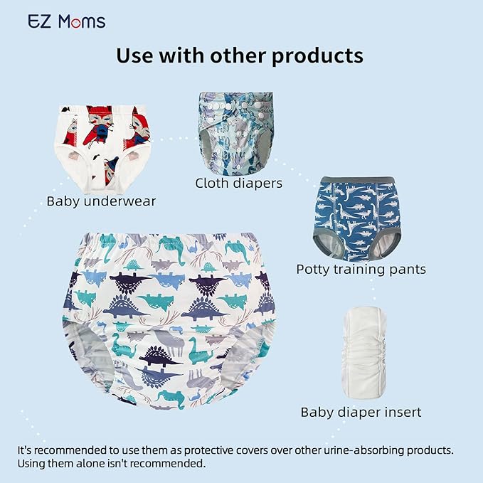 EZ Moms 6 Packs Plastic Pants for Toddlers Cloth Diaper Covers Soft Reusable Portable Rubber Pants for Toddlers Plastic Underwear Covers for Potty Training with Baby Washable Wipes Boys 2T