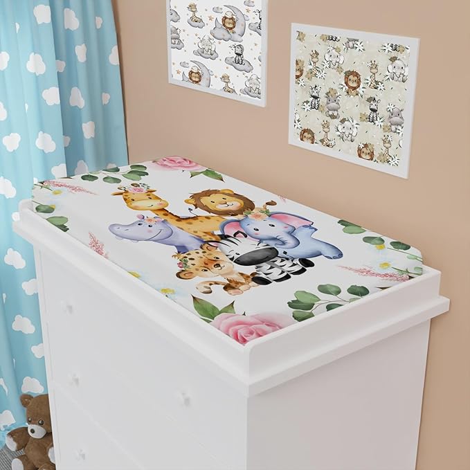 Jungle Safari Animals Tropical Leaves Flowers Changing Pad Cover Lion Elephant Zebra Giraffe Hippo Change Table Covers for Boys Girls Soft Stretchy Diaper Changing Mat Sheets Cover 32''x16''