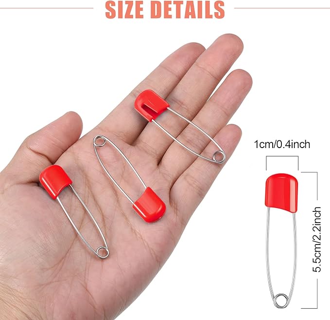 WILLBOND 50 Pieces Diaper Pins Safety 2.2 Inch Plastic Head Cloth Diaper Nappy Pins with Locking Closures Stainless Steel with Velvet Bag(Red)