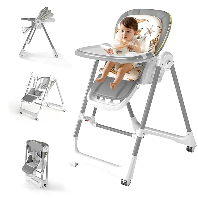 High Chairs for Babies and Toddlers, Foldable High Chair with Lockable Wheels, 4-in-1 Convertible, Adjustable Reclining Seat with Leg Rest & 5-Point Harness, Soft Cushion, Portable When Folded, Gray