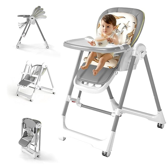 High Chairs for Babies and Toddlers, Foldable High Chair with Lockable Wheels, 4-in-1 Convertible, Adjustable Reclining Seat with Leg Rest & 5-Point Harness, Soft Cushion, Portable When Folded, Gray