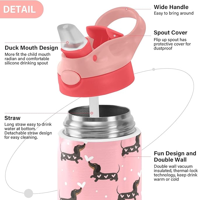 Pink Love Dachshund Dogs Kids Water Bottle with Straw and Carry Handle Cute Puppy Dog Vacuum Insulated Stainless Steel Bottles Leak-Proof for Boys Girls Toddler 12 oz Pink Lid