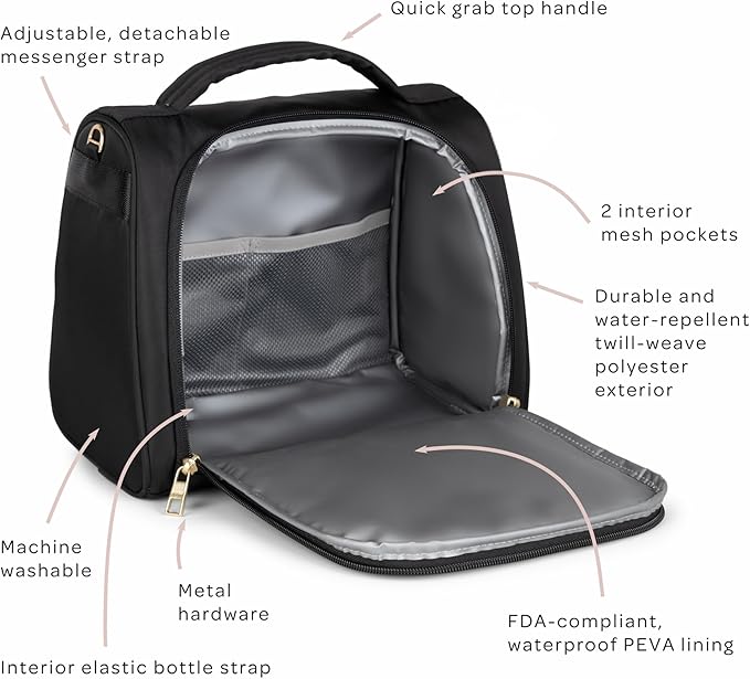 JuJuBe Insulated Bottle Bag, Breastmilk Cooler, Fits 3 Baby Bottles, Storage Tote for Nursing Mom, Daycare & Travel, Lunch Bag w/Handle & Shoulder Strap (Black)