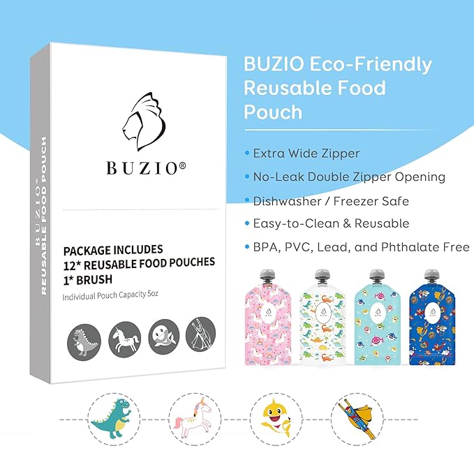 BUZIO Reusable Food Pouches, 12 Packs 5oz Toddlers Food Storage Pouch, Double Zipper Squeeze Pouches Freezer Safe for Kids DIY Homemade Organic Puree