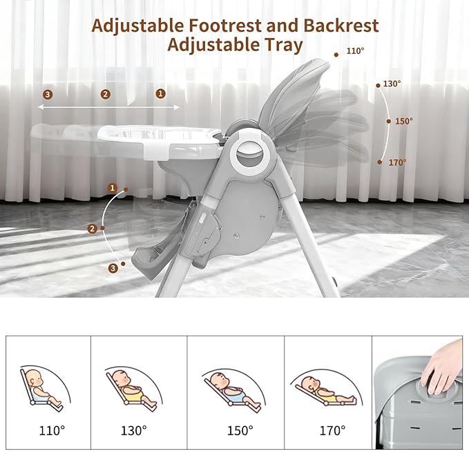babimoni 4 in 1 High Chairs for Babies and Toddlers, Convertible Foldable Baby High Chairs, Feeding and Eating Seat Highchair with 4 Levels of Recline and 7 Levels of Height Adjustment, Gray