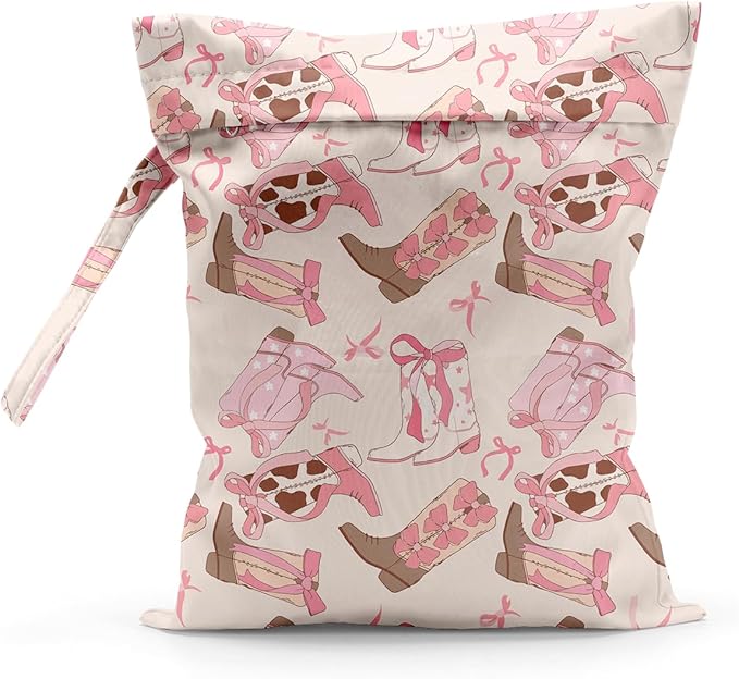 Waterproof Cloth Diaper Wet Dry Bag, Pink Reusable Travel Beach Pool Daycare Soiled Toddler Items Yoga Gym Bag for Swimsuits or Wet Clothes Diaper Western Boots Wet Bag