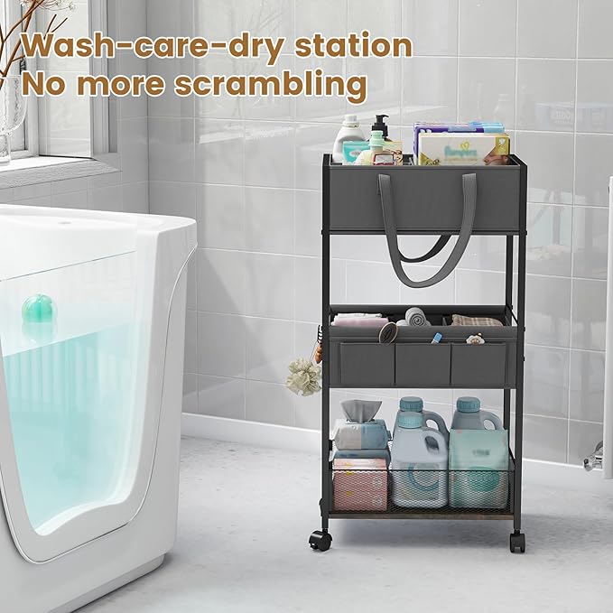 Diaper Caddy Organizer and Storage, 3-Tier Baby Storage Organizers with 2+2 Dividers, Large Capacity Diaper Rolling Cart for Nursery, Diaper Caddy Cart for Crib, Bedroom, Bathroom