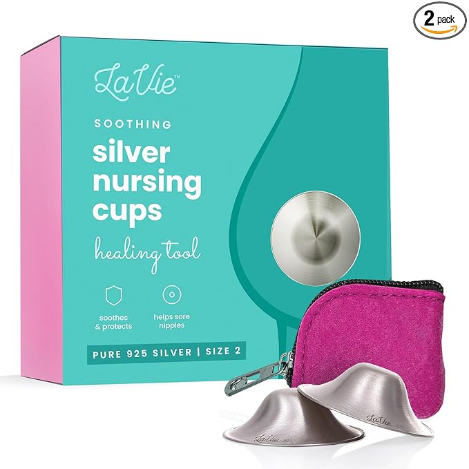 LaVie™ Silver Nursing Cups for Breastfeeding, Soothing Protection for Nursing Nipples of Newborns, Natural Relief for Nursing Moms, 925 Silver Nipple Covers All Natural (Size 2)