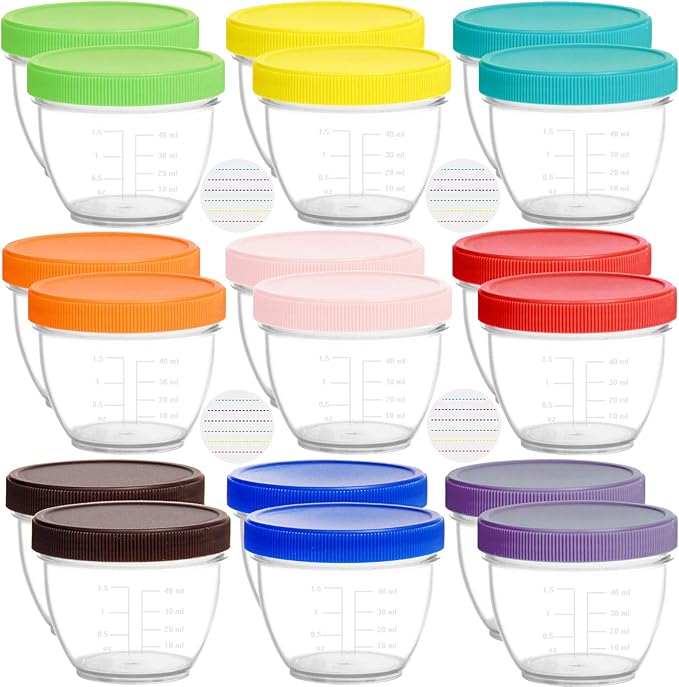 Youngever 18 Pack Baby Food Storage, 2 Ounce Baby Food Containers with Lids and Labels, 9 Assorted Colors