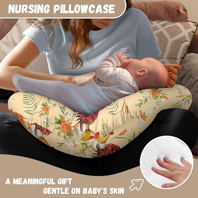 Retro Rooster Floral Baby Nursing Pillow Cover Slipcover Washable Soft & Gentle on Baby Skin Breastfeeding Feeding Support Pillow Case for Home Car Sofa Decorations
