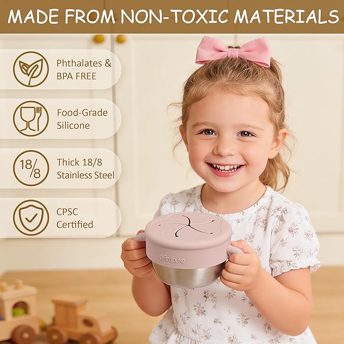 Fimibuke Snack Containers for Toddlers Kids, 12 OZ Spill Proof Stainless Steel Baby Snack Cups with Removable Silicone Food Catcher, Handles & Travel Lid BPA-Free Dishwasher Safe Food Container 2 Pack