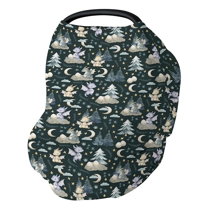 Fairytale Dragons Car Seat Cover for Babies Cute Dragon Moon Stars Clouds Trees Eggs Stretchy 5-in-1 Cover Adjustable Car Canopy Breastfeeding Cover Fantasy Animal Breathable Nursing Cover-Up