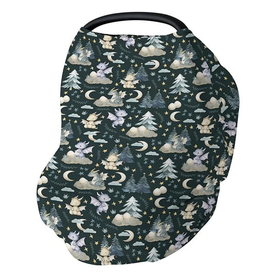 Fairytale Dragons Car Seat Cover for Babies Cute Dragon Moon Stars Clouds Trees Eggs Stretchy 5-in-1 Cover Adjustable Car Canopy Breastfeeding Cover Fantasy Animal Breathable Nursing Cover-Up