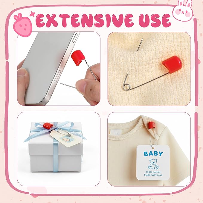 WILLBOND 8 Pcs Safety Pins 2.2 Inch Plastic Head Cloth Pins with Locking Closures Stainless Steel with Velvet Bag, Red