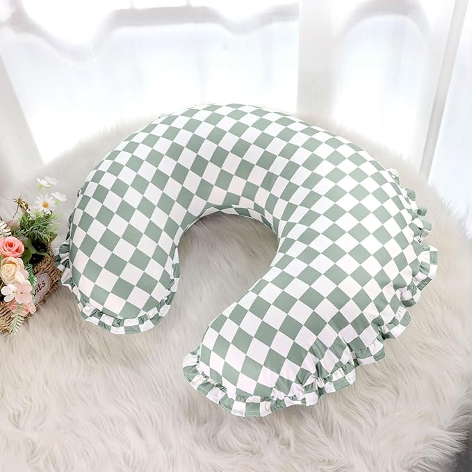 DILIMI Nursing Pillow Cover, Removable Ruffled Pillowcase for Breastfeeding Pillows, Ultra Soft Comfortable Slipcover for Baby Girl and Boy, Green Gingham