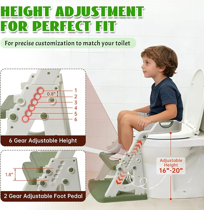 Potty Training Toilet Seat, Stable Potty Training Seat with Step Stool, 2 in 1 Toddler Toilet Seat with Steps for Kids Boys Girls, Toddler Potty Seat with Ladder, Splash Guard, Anti-Slip Pads (Green)
