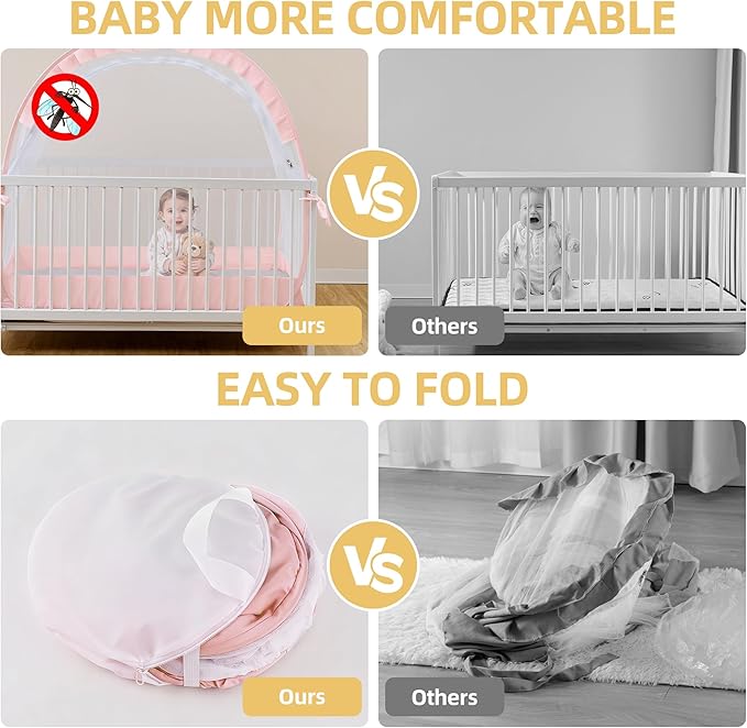 Lazyzzzz Crib Tent - Pop Up Crib Canopy with Double Zipper Self-Locked, Mosquito Net Mesh Crib Net to Keep Baby from Climbing Out, Portable Easy Install 55" L x 27" W x 51" H Pink