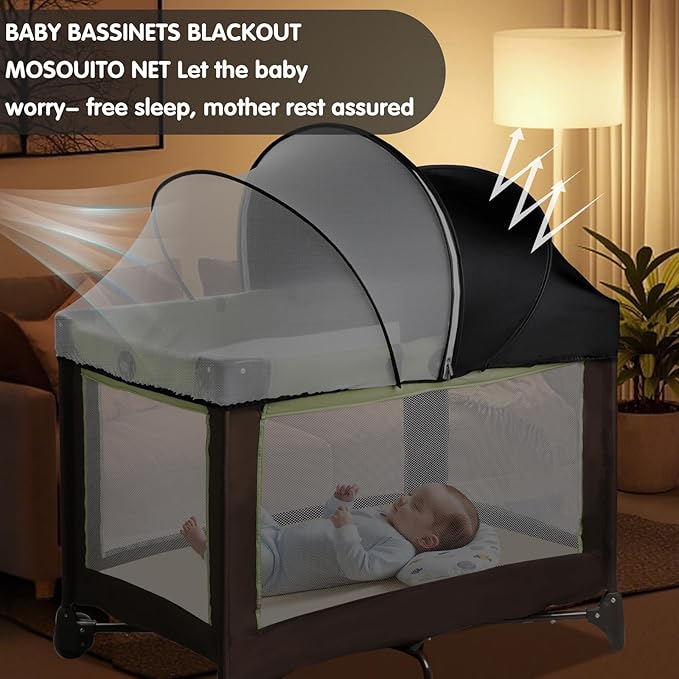 Pack N Play Tent Cover - Half-Blackout Mosquito Net for Crib & Playpen, Baby Bassinet Cover for Cats with 2-Way Zipper, Sun-Blocking Bug Net for Travel Crib (Black-Large)
