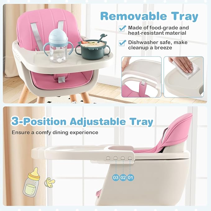 HONEY JOY Baby High Chair, 6-in-1 Eat & Grow Wooden Highchair/Toddler Chair with Removable Tray, 5-Point Harness, PU Cushion and Footrest, Convertible High Chair for Babies and Toddlers(Pink)