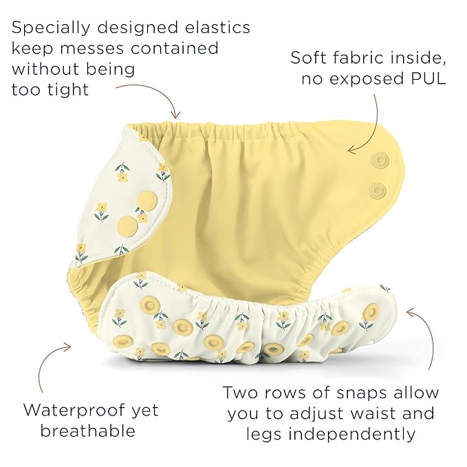 Esembly Cloth Diaper Bundle Set - 3 Organic Cotton Absorbent Inners and 1 Waterproof Outer Diaper Cover - Reusable, Washable, Snap Closure Cloth Diapers - Size 1 (7-17lbs), Buds