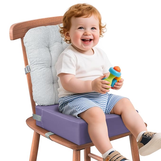 Booster Seat for Kitchen Chair Dining Table with Comfy Backrest Pillow and Adjustable Safety Buckles,Non-Slip Kid Toddler Booster Seat for Dining Table, PU Travel Baby Booster Cushion Chair