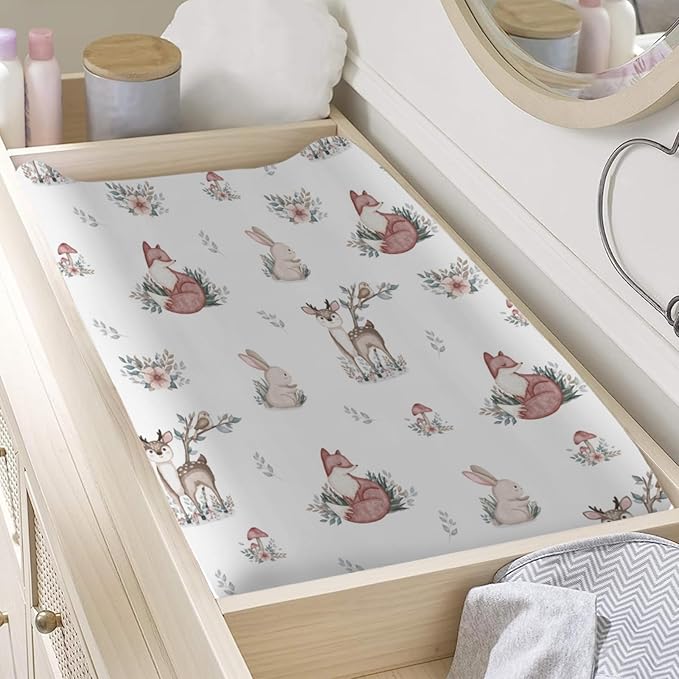 Cute Animals Changing Pad Covers Baby Deer Rabbit Leaves Mushroom Unisex Diaper Change Table Sheets for Boys Girls Soft Breathable Stretchy Changing Table Sheets 32''x16''