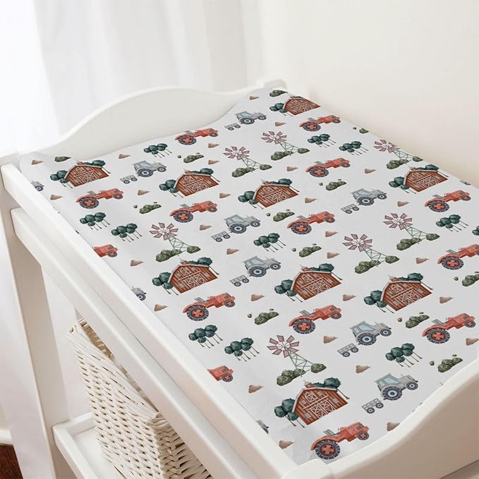 Watercolor Farm Animals Changing Pad Cover Retro Barn Chicken Pig Hen Duck Windmill Tractor Diaper Change Table Cover Sheets for Boys Girls Soft Stretchy Fitted Changing Mat Sheets 32''x16''