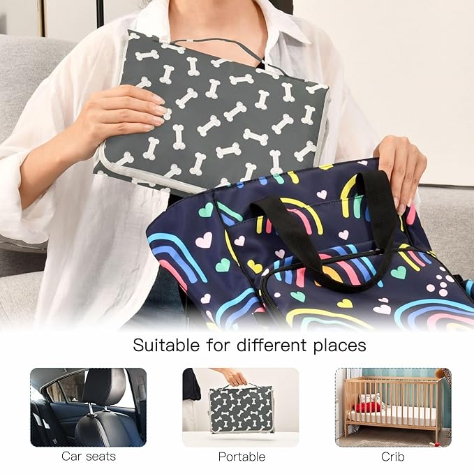 Dog Bone Themed Portable Diaper Changing Pad with Wipes Holder, Black and White Foldable Baby Diaper Changer Travel Bag Doodle Food Bones Baby Changing Mat with Built-in Pillow for Newborn