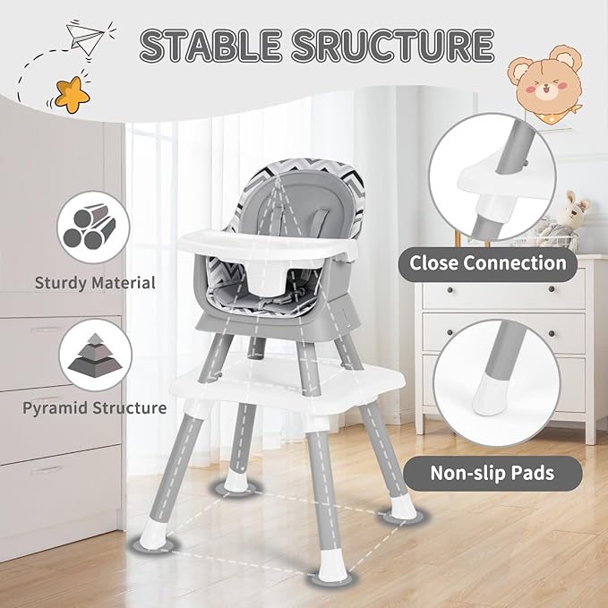 Kinder King 8 in 1 Baby High Chair, Coverts to Dining Booster Seat/Kids Table & Chair Set/Toddler Building Block Table/Kids Stool, Removable Tray & Double Seat Cover, Easy to Wipe, Wavy Grain