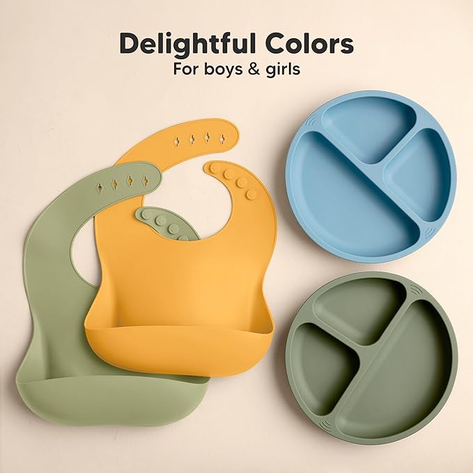 KeaBabies 2-Pack Silicone Bibs for Babies, Toddlers Girl, Boy – Sturdy Food-Grade Baby Bibs for Eating, Large Food Catcher, Clean & Put On Easily, Waterproof Toddler Feeding Essentials (Forest)