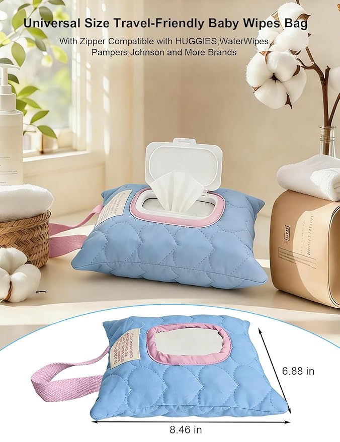 Reusable Baby Wipe Cover Fabric Quilted, Universal Size Travel-Friendly Baby Wipes Bag with Zipper Compatible with HUGGIES,WaterWipes,Pampers,Johnson and More Brands (Blue)
