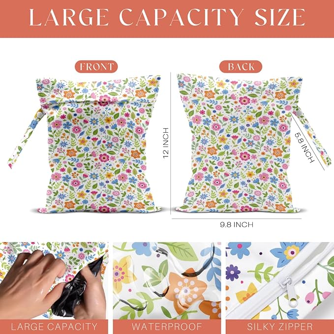 4 Pack Cute Wet Bag Waterproof Washable Reusable Wet Dry Bag for Swimsuit Dirty Clothes Diaper Travel Beach Pool Gym Party Birthday Camping Toiletries Beach Essentials，Colorful Floral Wildflower