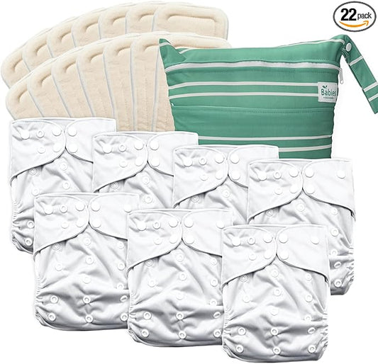 7-Pack Reusable Cloth Diapers with AWJ Interior – Includes 14 Absorbent Inserts and 1 Wet Bag – Adjustable, Waterproof, and Washable (Bright Beginnings, Cotton Inserts)