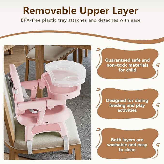Booster Seat for Kitchen Chair, 3-in-1 Foldable & Portable Booster Seat with Tray, Extra Dishwasher-Safe Tray, Safety Straps for 6–18M (Up to 30 lbs), for Dining Table, Travel & Camping, Pink