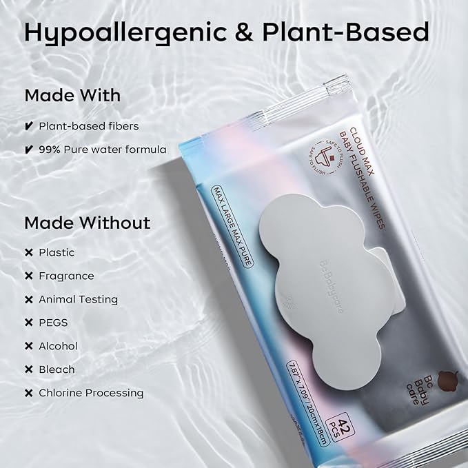 Bc Babycare Cloud Max Flushable Wipes, Hypoallergenic for Sensitive Skin, 99% Water, Plant-Based Fibers, Sewer + Septic Safe, Fragrance Free Toddler Potty Training, 42 Wipes, 3 Packs