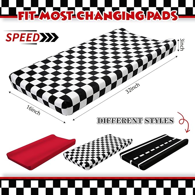3 Pack Racing Baby Changing Pad Covers, Racing Transportation Changing Table Cover for Baby, 32'' x 16'' Safe Snug Fitted Diaper Table Sheet Fits Standard Changing Tables and Dressers