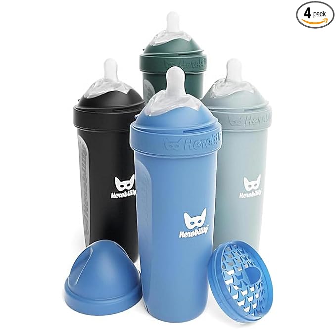 Herobility Anti-Colic Baby Bottles 12 fl oz/340ml - Pack of 4 Plastic Baby Bottles, Fast Flow Plastic Bottles, Breast-Shaped Teat for Breastfed Babies - Multicolor - Denim, Black, Dusky Green, Gray