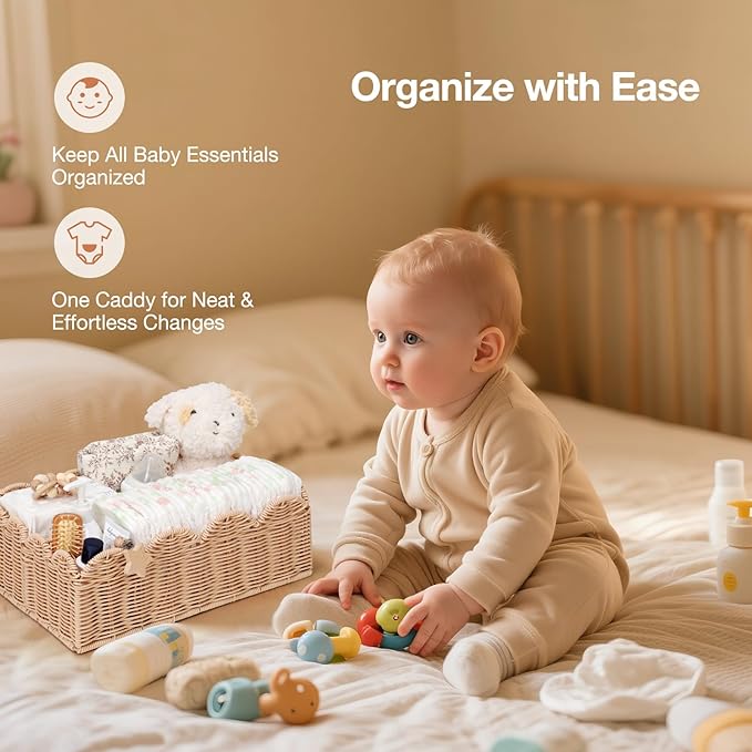 Wicker Diaper Caddy Organizer, Nursery Storage Basket for Diapers and Baby Wipes, Baby Essentials Organizer for Changing Table, Splinter Free Rattan Style (Natural, L)