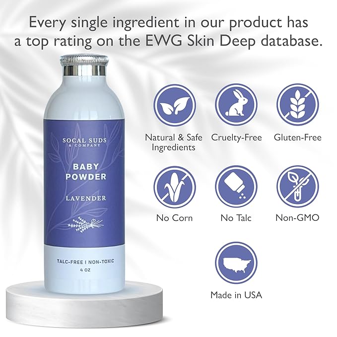 SoCal Suds & Company - Natural Baby Powder Talc-Free - Newborn Essentials with Arrowroot Powder, Kaolin, Aspen Bark Extract for Soft Soothing Protected Skin - Gentle Absorption - Lavender, 4oz