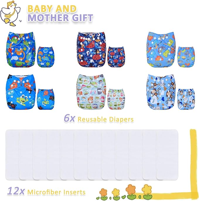 TDIAPERS Cloth Diapers Reusable Washable Pocket Diapers Cover One Size Adjustable for Baby 6 Pack with 12 Inserts