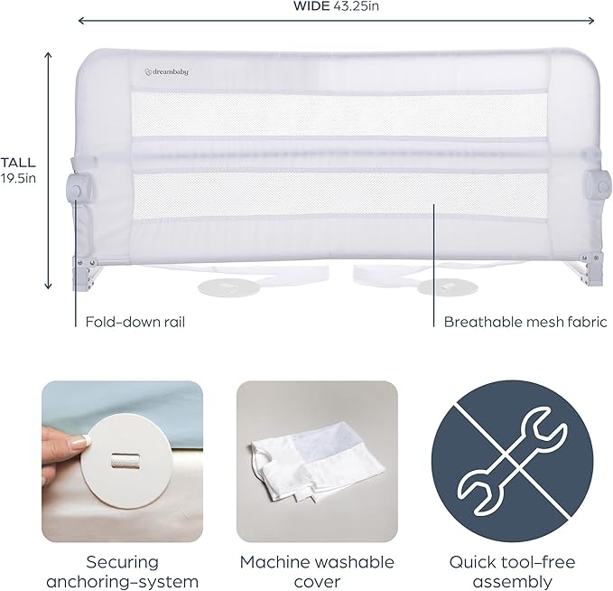 Dreambaby Dallas Bed Rail Guard - Toddlers Bed Rails - with Safety Anchors - Fits Up to Queen Size Mattress - Measures 43.25" Wide & 19.5" Tall - Model L7745,White