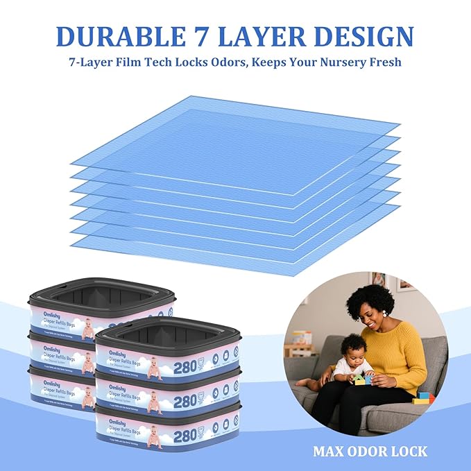 6 Pack Standard Square Bags Refill Compatible with Diaper Genie Compact, Select and Classic Pails, Max Odor Control, Disposal Bag Refills, Continuous Film, Hold Up to 280 Newborn-Sized Diapers