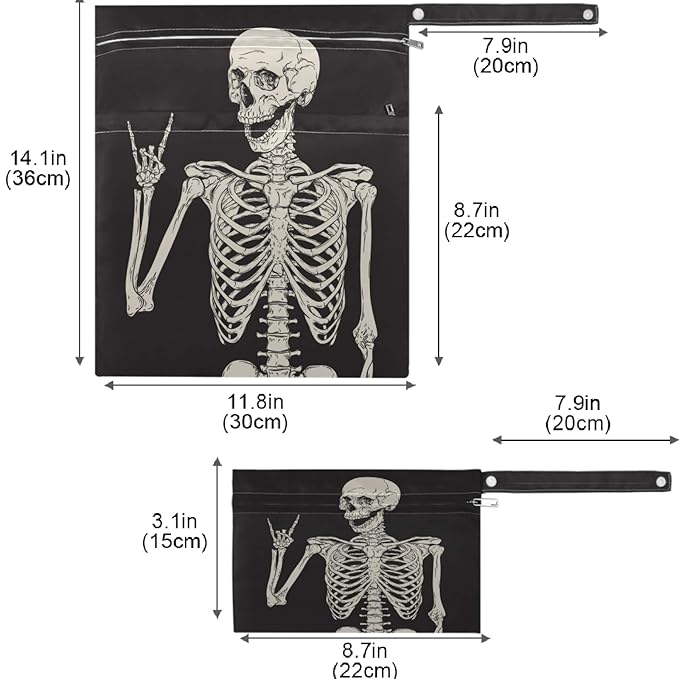 visesunny Funny Human Skeleton 2Pcs Wet Bag with Zippered Pockets Washable Reusable Roomy for Travel,Beach,Pool,Daycare,Stroller,Diapers,Dirty Gym Clothes, Wet Swimsuits, Toiletries