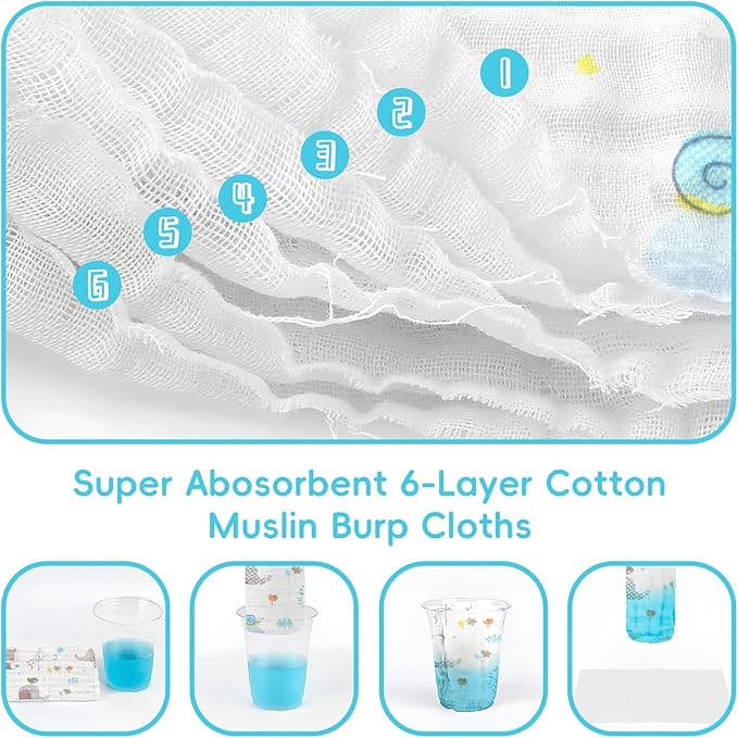 Muslin Burp Cloths Cotton Burping Cloth 20'' X 10'' Pack of 6,Baby Spit Up Cloths for Newborn,Absorbent,Soft,Breathable Large,Premium 6-layer Construction,Unisex,for Boys and Girls(Colorful)
