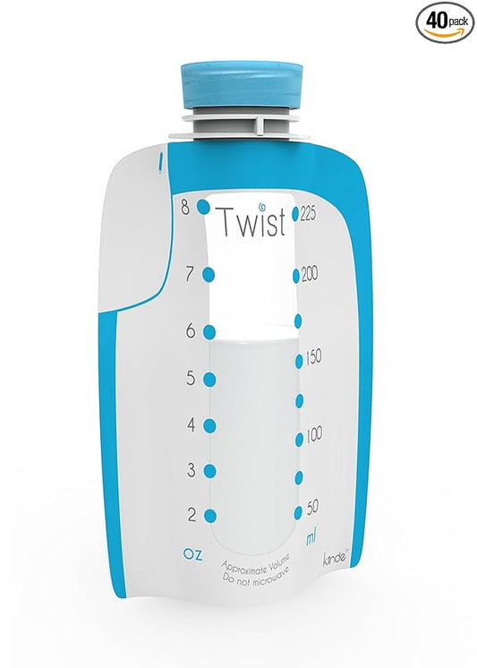 Kiinde Twist Pouch Direct-Pump Direct-Feed Twist Cap Breast Milk Storage Bag for Pumping, Freezing, Heating and Feeding, Pre-Sterilized, Breast Feeding Essentials, 8 Ounce, Pack of 40