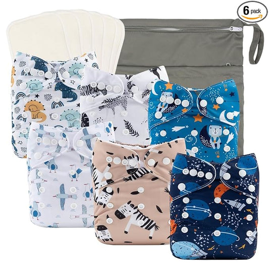 babygoal Reusable Cloth Diapers 6 Pack+6pcs Rayon from Bamboo Inserts+Wet Bag, One Size Adjustable Washable Pocket Nappy Covers for Baby Boys and Girls