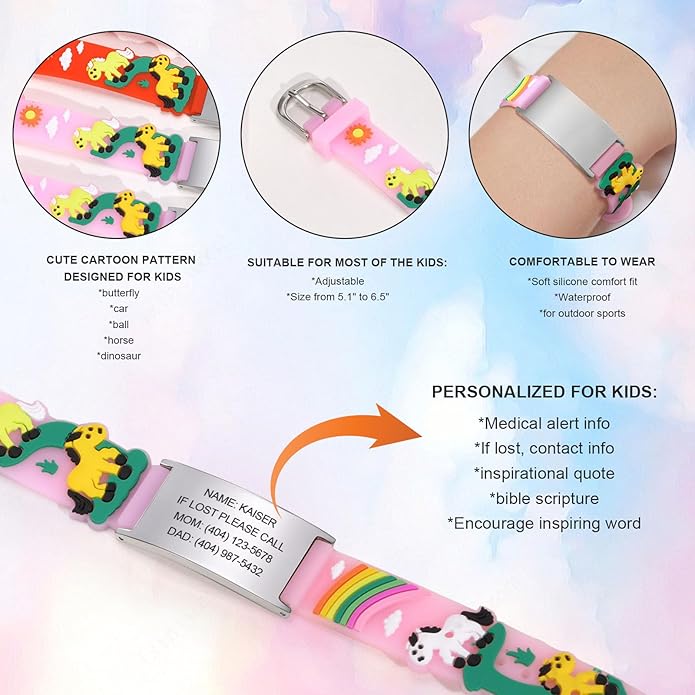 MEALGUET Assorted Color Personalized Stainless Steel Soft Silicone Child Safety ID Bracelets Adjustable Anti-Lost ID Wristbands for Kid Girls Boys Toddler